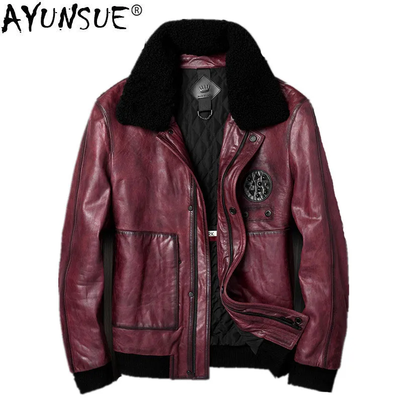 AYUNSUE натуральная кожа куртка Осень Зима куртка для мужчин овчина меховой воротник пальто мотоциклетные куртки F-HH-2865 MY1179