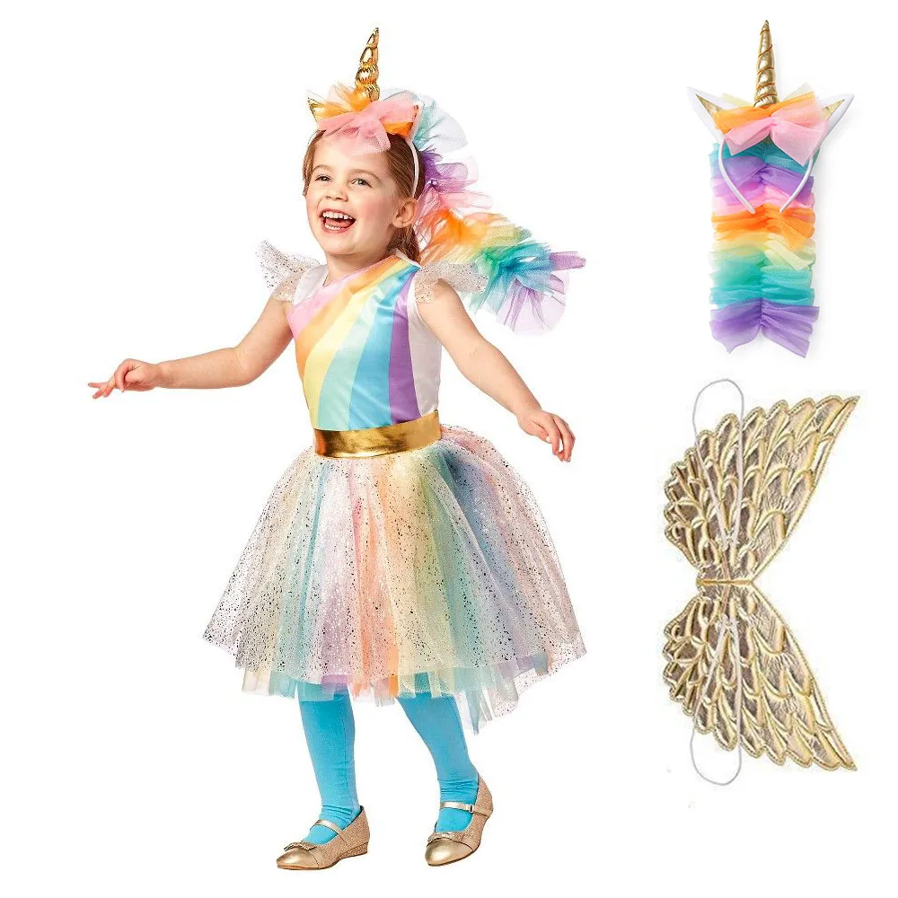 

Shimmering Unicorn Party Supplies Fancy Dress Child Unicorn Clothing Set with Wings Headgear Kid Flower Girl Rainbow Tutu Dress