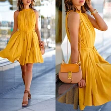 2016 strand Freizeitkleidung Frauen Sommer Sleeveless Große Schaukel Gelb Mini Verband-kleid O-ansatz Abendgesellschaft Kleid Leinen Vestidos 2