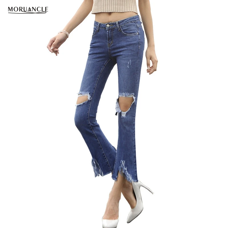 

MORUANCLE New Fashion Womens Ripped Flare Jeans Stretchy Wide Leg Denim Pants Female Distressed Jeans Trousers Bell Bottom Holes