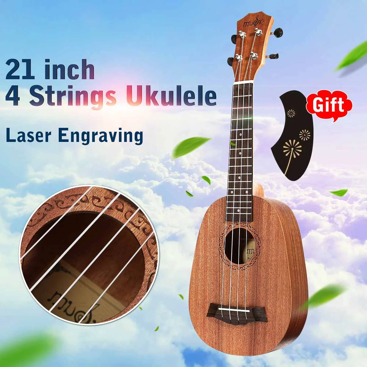 

21 inch Pineapple Style Mahogany Soprano Ukulele Guitar Sapele Rosewood 4 Strings Hawaiian Guitar Musical Instruments Gift