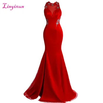 

Linyixun Real Photo Sexy Red Mermaid Long Evening Dresses 2017 Scoop Neck Backless Robe de soiree Crystal Long Prom Dresses