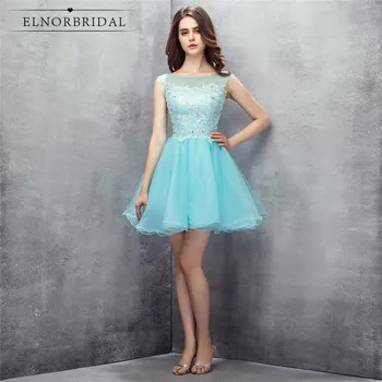 

Sky Blue Cocktail Dresses 2018 Vestidos Coctel Sheer Short Prom Party Dress Evening Wear For Women