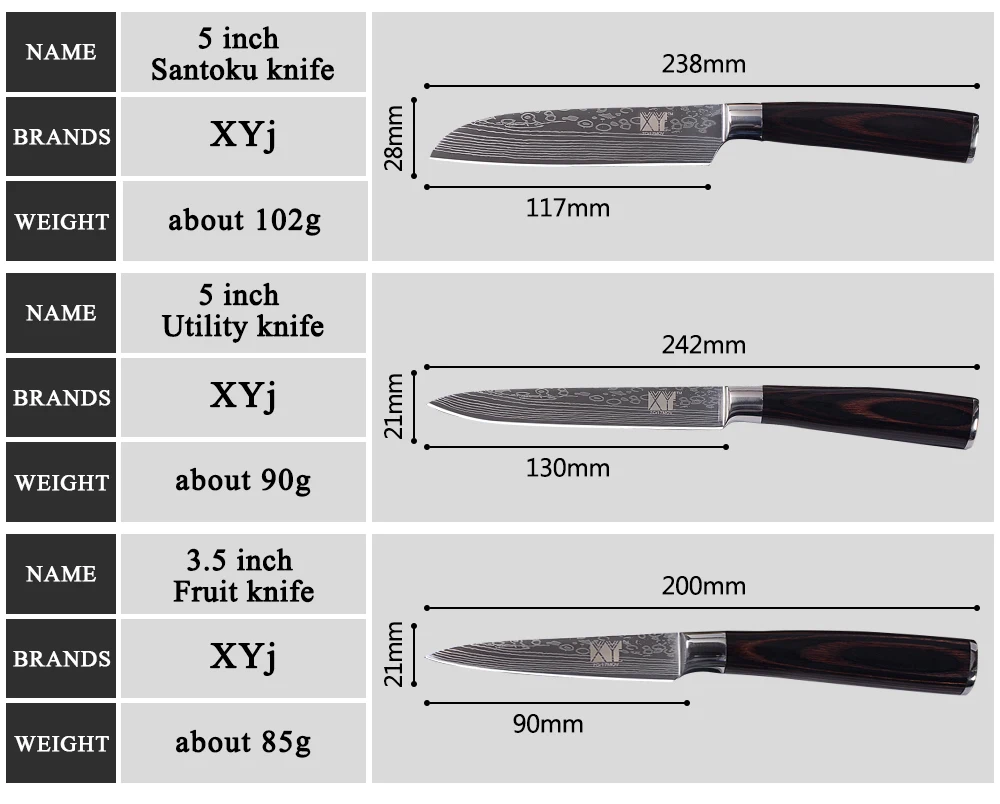 Кухонный нож XYj, 6 шт., имитирующий дамасский узор, 8 дюймов, 7 дюймов, 5 дюймов, 3,5 дюймов, набор ножей из нержавеющей стали+ 8 дюймов, Держатель ножей, чехлы для ножей