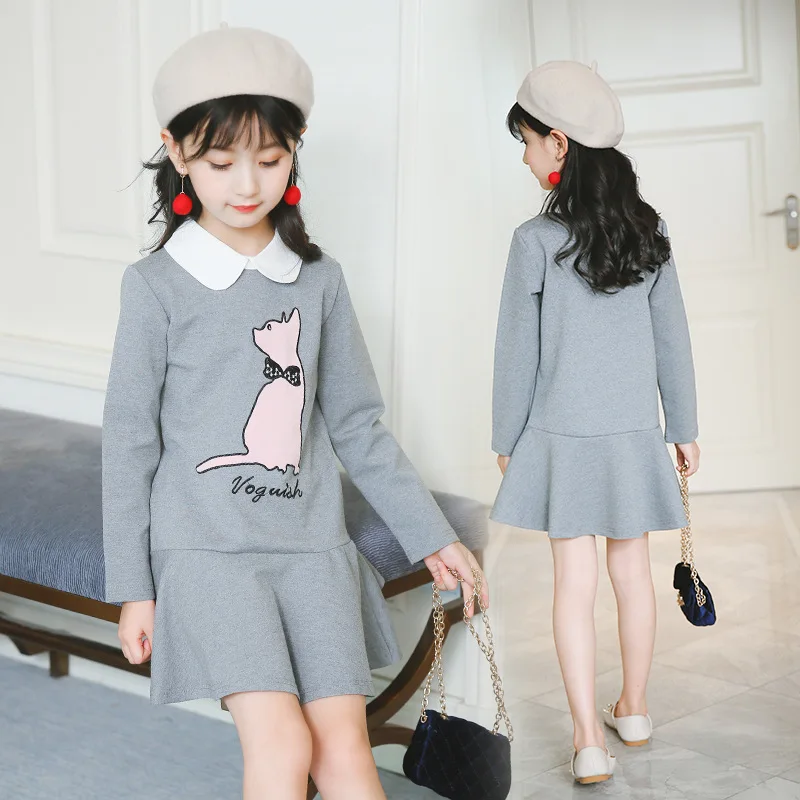 Платья для девочек осенняя одежда для девочек платье для девочек с рисунком кота ТРАПЕЦИЕВИДНОЕ платье принцессы с круглым вырезом для девочек Одежда для детей от 4 до 13 лет