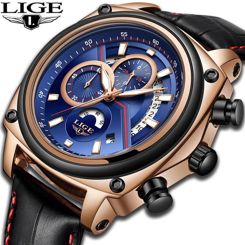 

New LIGE For Man Quartz Sports Watch With Waterproof Analogue Chronograph Luxury Army Military Watches Man Fashion Leather Clock