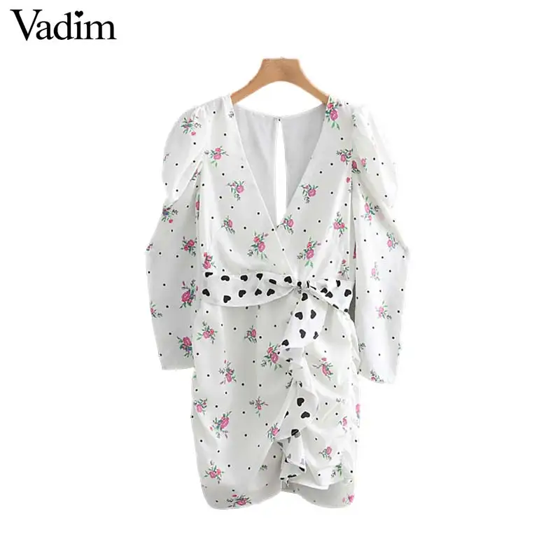 

Vadim women floral print backless mini dress deep V neck long puff sleeve sashes female sexy fashion dresses vestido QB603