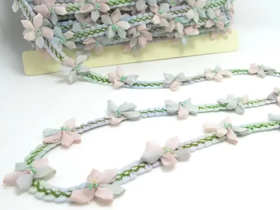 

2 Yards Woven Rococo Ribbon Trim with Fuchsia Nude Chiffon Flower|Decorative Floral Ribbon|Scrapbooking|Clothing|Decor|