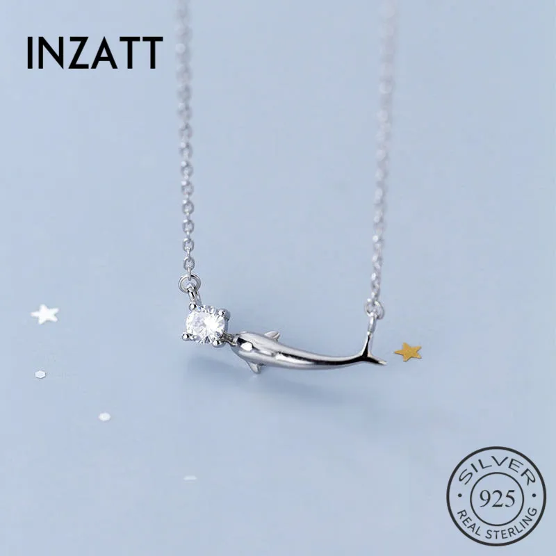 

INZATT Real 925 Sterling Silver Minimalist Zircon Round Dolphin Pendant Necklace For Fashion Women Party Cute Fine Jewelry 2019