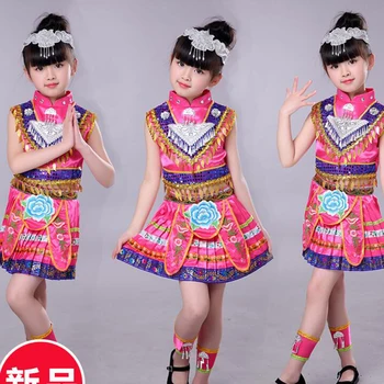 

Girls Hmong Chinese national dance costumes Kids performance miao dancing clothing festival Outfits Tops Skirt with headdress