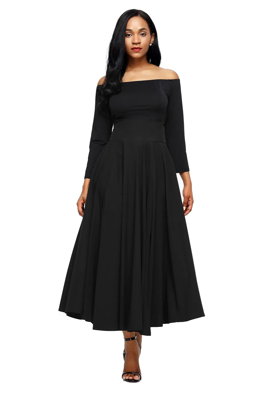Black-Retro-High-Waist-Pleated-Belted-Maxi-Skirt-LC65053-2-3