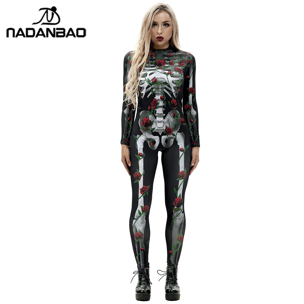 NADANBAO Роза механический костюм с изображением костей страшные костюмы на Хэллоуин для женщин Скелет Череп Цветочный Бабочка боди
