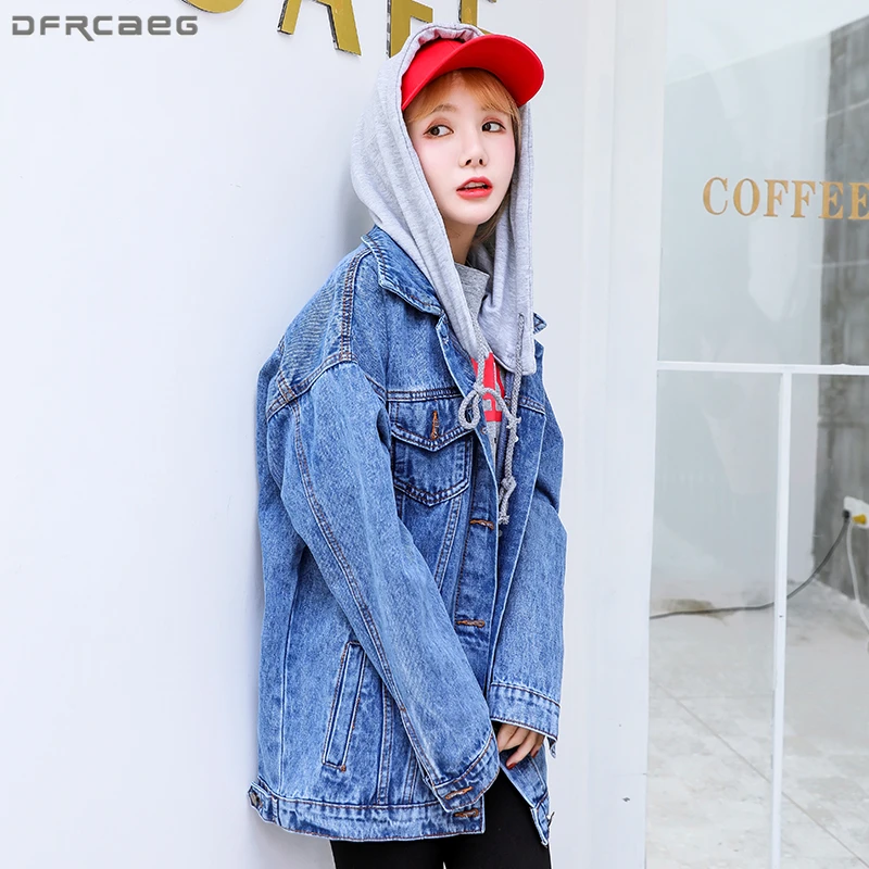 

Harajuku Autumn Winter Boyfriend Denim Jacket Women Casual Single Breasted Jaqueta Jeans Hoodies Coats Spliced Casaco Feminino