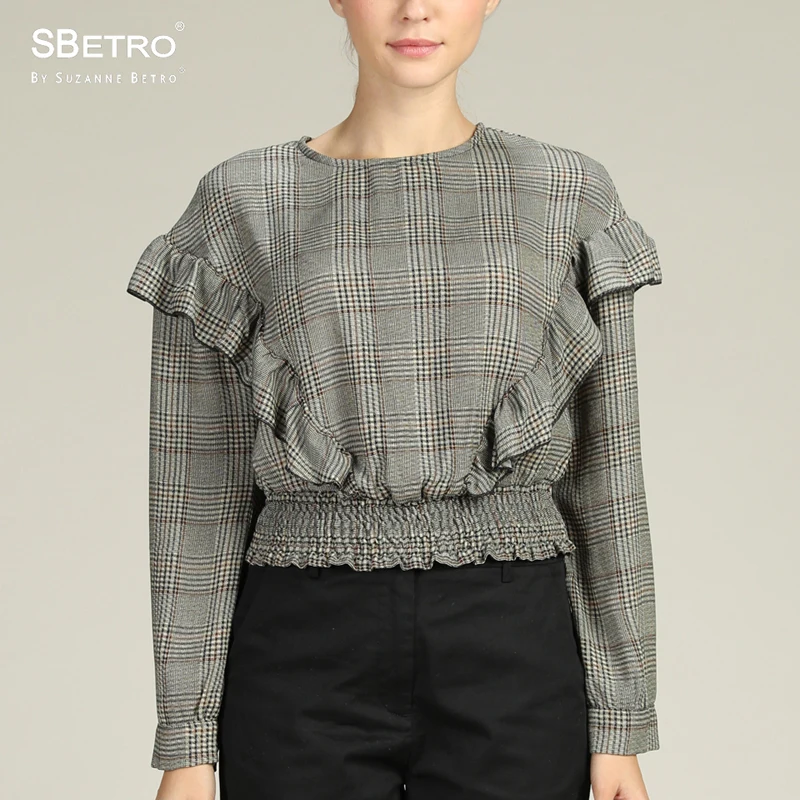 SBetro Plaid Blouse Tops Female Ruffle Smocked Waistband Crewneck Long