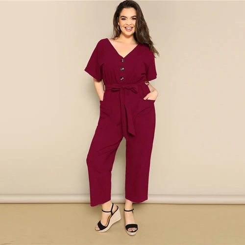 SHEIN Plus Size Button Front Wide Leg Belted Jumpsuit Women Spring Summer Casual V Neck Short Sleeve Longline Jumpsuits - Цвет: Бургундия