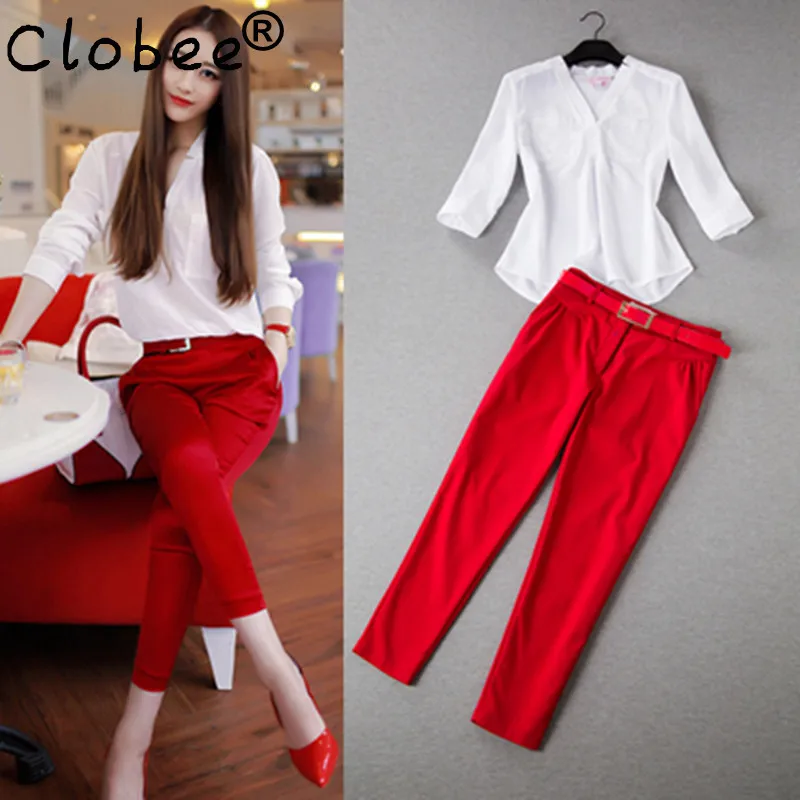 

Summer Cultivate One's Morality ShowThin Chiffon Suits Blouse Shirt Nine Points Trousers Formal Temperament Two-Piece DressTide