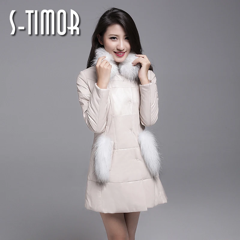 Stimor кожаная женская одежда средней длины тонкий пуховик из натуральной кожи пальто из меха енота - Цвет: white