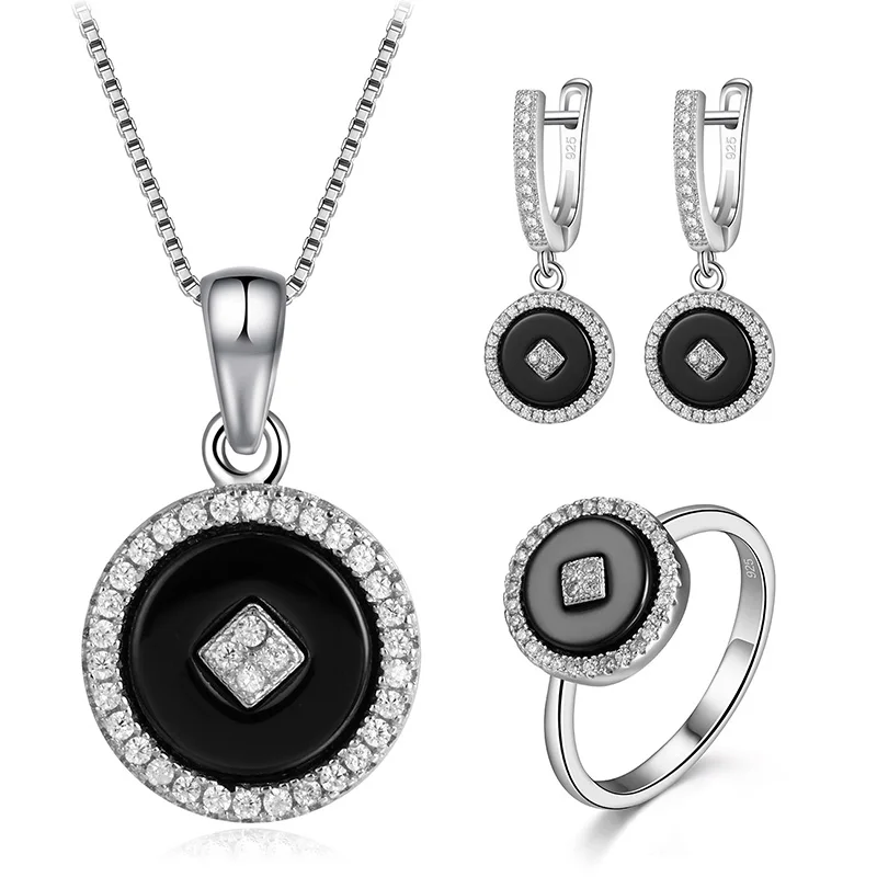 Shineland 925 пробы серебряные Ювелирные наборы круглый белый черный керамический висячие серьги ожерелье кольцо для женщин Colar свадебный подарок - Окраска металла: silver black color