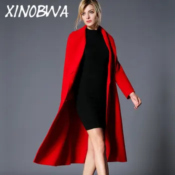 

Womens High Fashion Loose Turn Down Collar Double Face Breasted Split Red Cashmere Long Blends Coat Female Casual 90%Woolen Coat