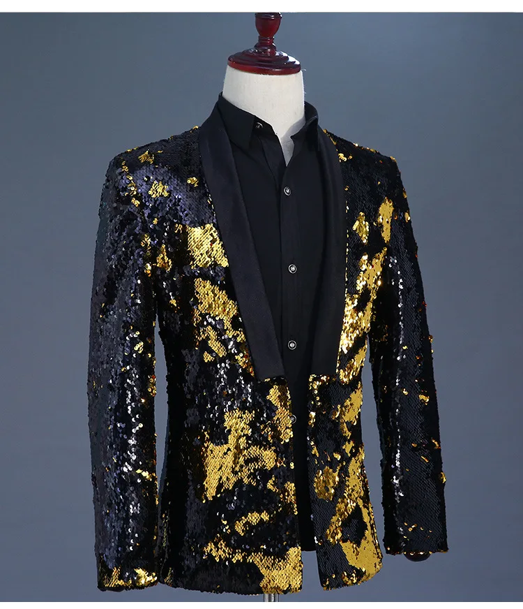 Для мужчин золотистый и черный блейзер двойной цвет листать пайетки куртка наряд ночной клуб хост сценический костюм Производительность