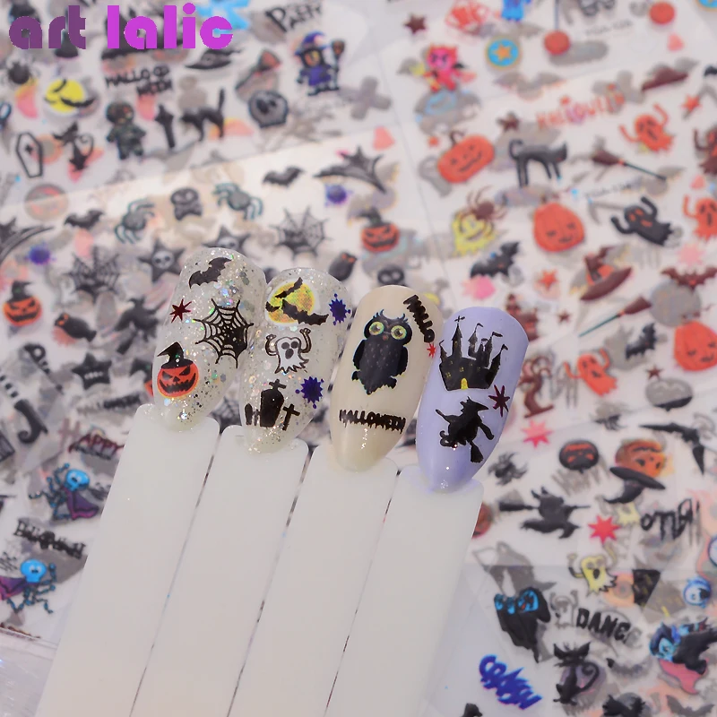 

24 Sheet Halloween Design Beauty Nail Art Stickers Adhesive Transfer 3D Skull Pumpkin Spider Web Water Stickers Decals
