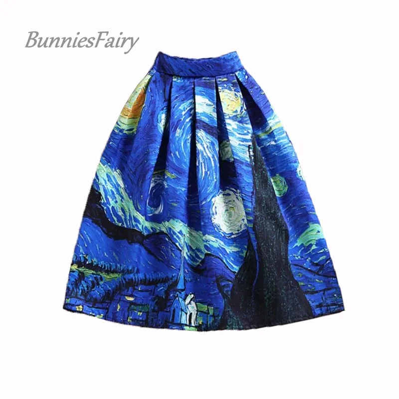 

BunniesFairy 50s Vintage Van Gogh Starry Sky Oil Painting 3D Black Hole Print High Waist Skirt Rockabilly Tutu Retro Puff Skirt