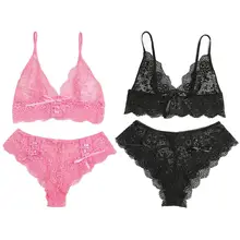 Womens Erotic See Through Floral Lace Lingerie Set Deep V-Neck Solid Color Bralette Criss Cross Lace Up Bandage Thong Underwear lace up see through lace teddy