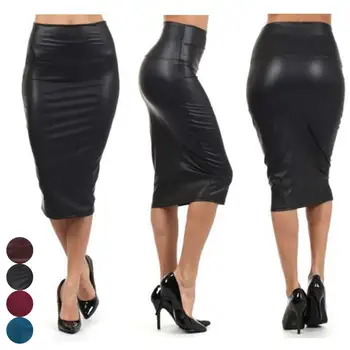 

Droppshiping Women High Waist Faux Leather Pencil Skirt Bodycon Skirt Solid Sexy OL Office Skirts BFJ55