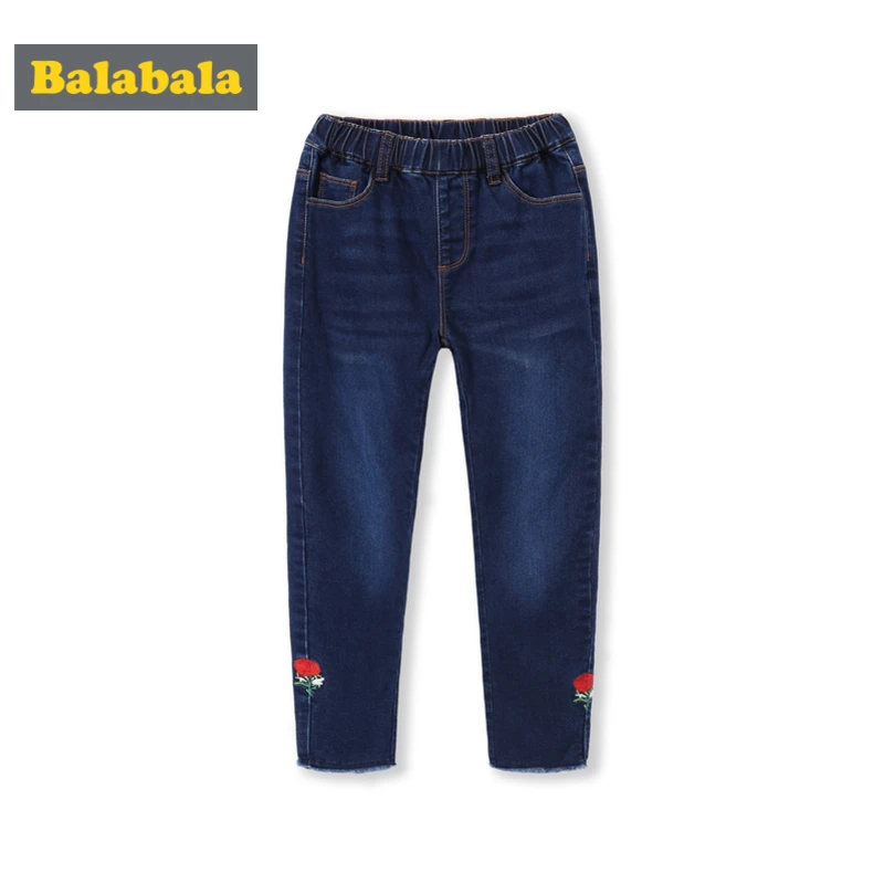 

Balabala Girls Fleece-Lined Embroidered Pull-on Jeans with Raw-edge Hem Slim Fit Cotton Jeans in Washed Denim Elastici Waistband