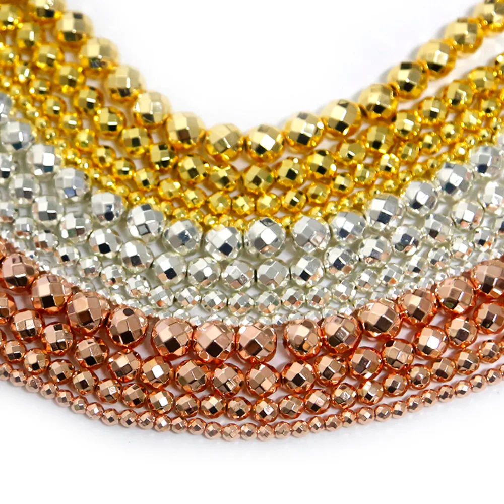 Круглые бусины из натурального камня 4/6/8/10 мм золотой Ограненный гематит