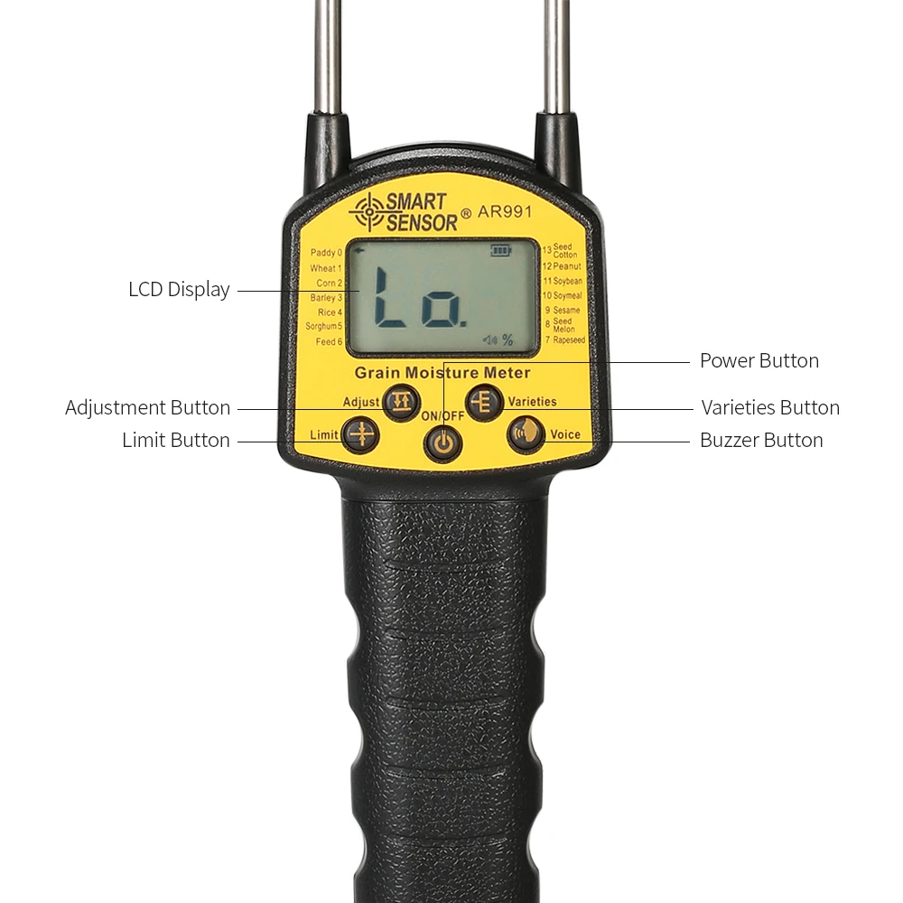 

SMART SENSOR Handheld LCD Digital Grain Moisture Meter Hygrometer with Measuring Probe for Corn Wheat Rice Bean