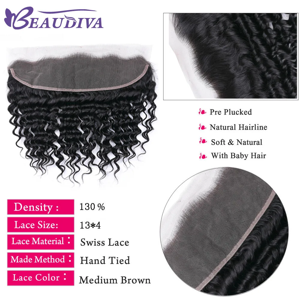 BeauDiva 13*4 Lace Frontal Deep Wave Peruvian Human Hair Lace Closure Frontal Ear To Ear Free Part With Baby Hair Non Remy Hair