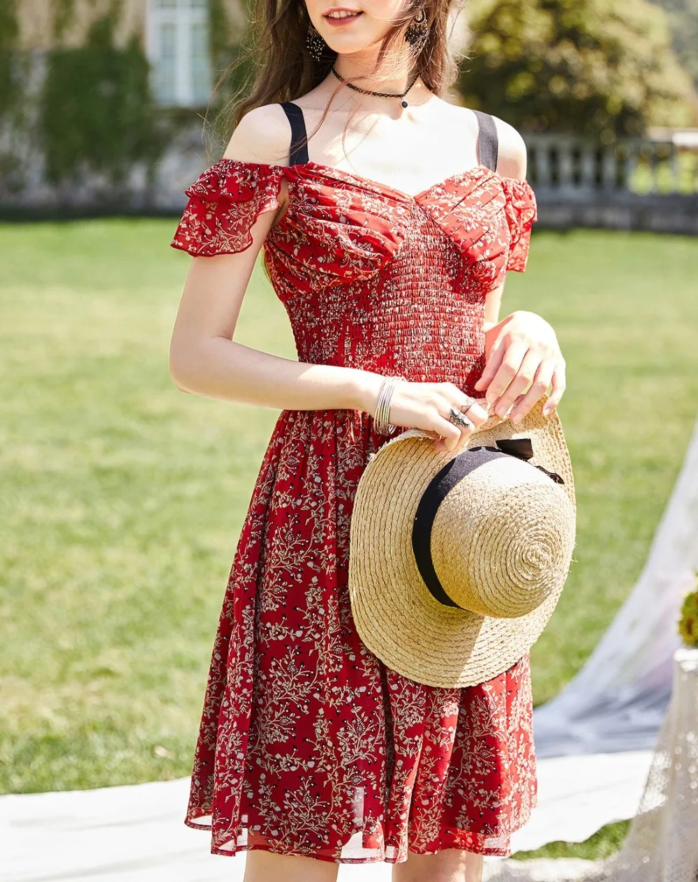 ARTKA летнее Новое Женское шифоновое платье без бретелек с v-образным вырезом и длинным ремнем LA10787X