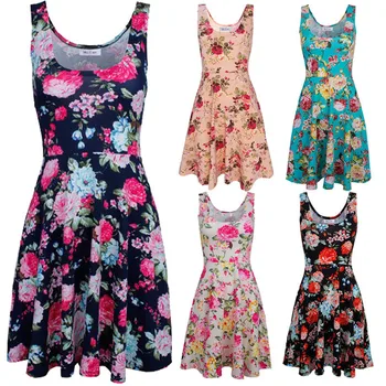 

High Quality Women Floral Dress Summer Sleeveless Round Neck Mini Dress Casual Dress Ladies High Waist Pleated Dress
