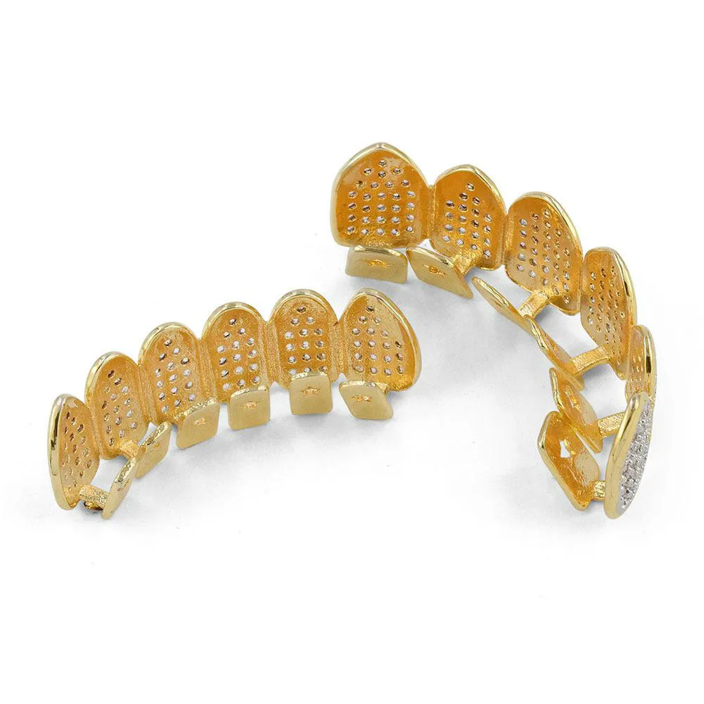  Hip Hop Copper TeethGrillz Set Micro Paved AAA Cubic Zircon Mens Top&Bottom Grills Set With Extra S