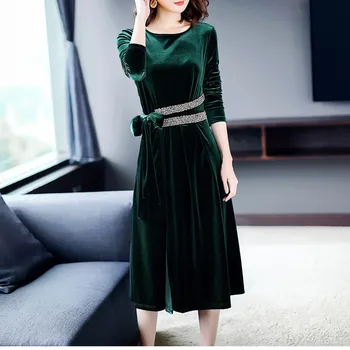 

Womens Corduroy Party Dress 2020 Early Spring Autumn Female Office Lady Three-Quarter Sleeve A-line O-Neck Elegant Dress
