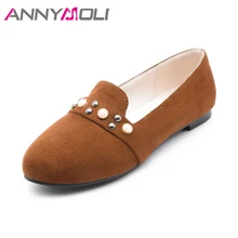 ANNYMOLI/ г.; женская обувь на плоской подошве; Лоферы без застежки с жемчужинами и заклепками; повседневная обувь на плоской подошве; большие размеры 45, 46; Женская весенне-желтая обувь