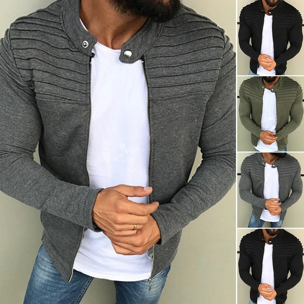 New Men's Winter Zip up Slim Collar Shoulder Ruched Jacket Tops Long Sleeve Casual Coat Outerwear Fleece jacket
