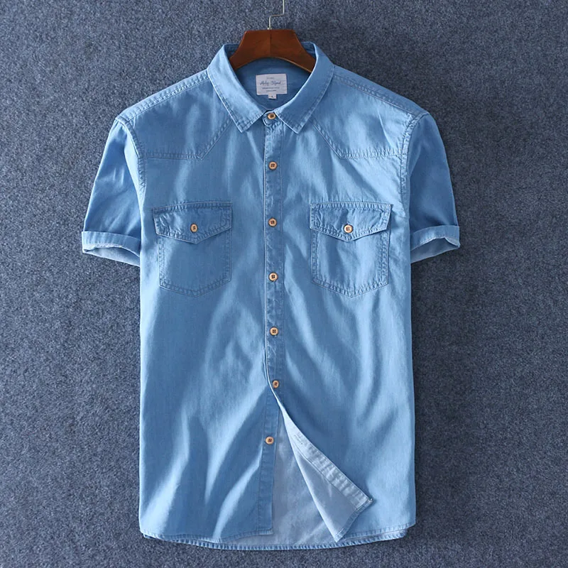 2020 Summer 100% Cotton Men Short Sleeve Denim thin Shirt Soft Slim Jeans Plus Size Two Front Pocket|Повседневные рубашки| |