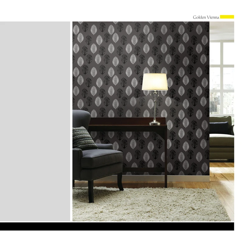 Dark Fine Flocked Leaves Designer Black &White Modern Velvet Wallpaper
