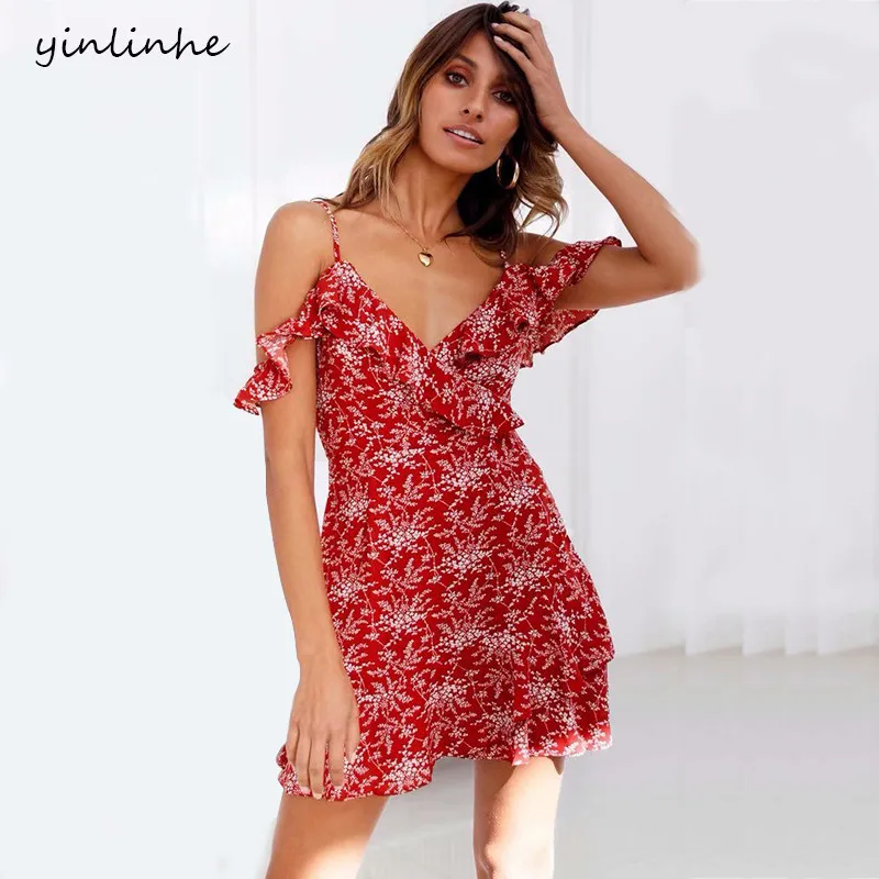 

yinlinhe Red Floral Dress Summer Short Sleeve 2018 V neck sexy Women Dress Backless Slim Elegant Ruffles Vestidos 374