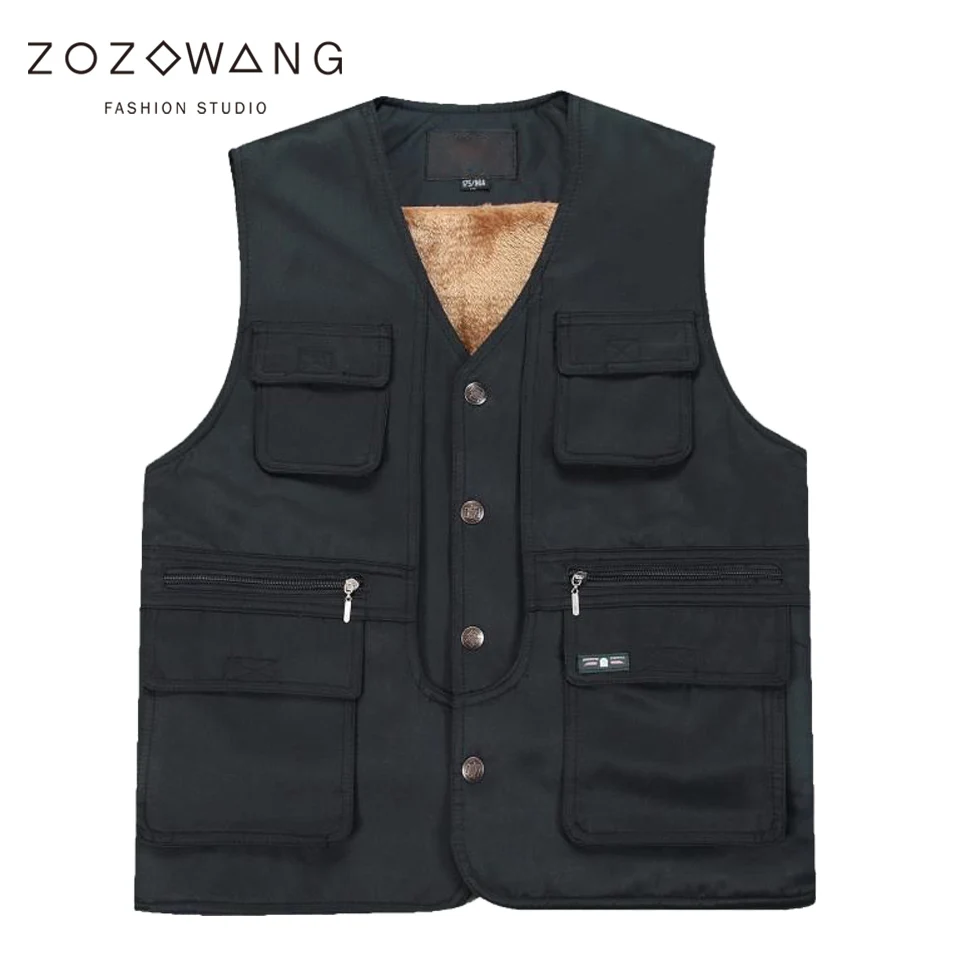 Zozowang autumn winter new high quality brushed short vest men plus size solid casual v neck loose multi pocket waistcoat men 