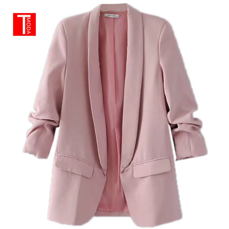 Ceny Różowy duży kołnierz elegancka biurowa, damska odzież robocza Blazer z długim rękawem regularny krój minimalistyczny 2018 kobiet jesień Blazer 7 kolorów
