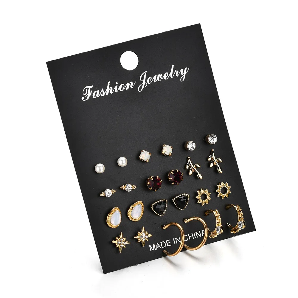 

Wholesale 12 Pairs/lot Crystal Star Earring Sets Women Female Water Drop Triangle Pearl Earrings Pendant Brincos Jewelry