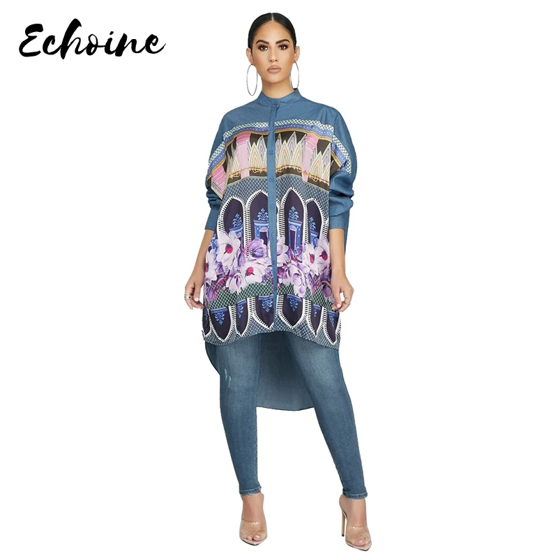 

Echoine Vintage Floral Print Button Women Jeans Dress Long Sleeve Irregular Hem loose Blouse Shirt Casual Loose Dresses Vestidos