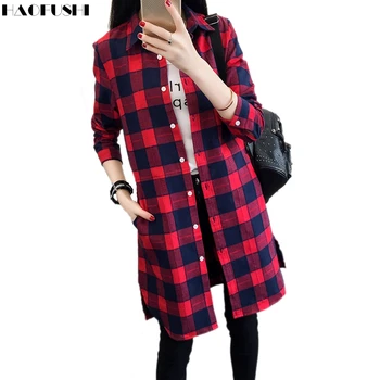 2017 Hot Sale Autumn Winter Fashion Women Plaid Shirt Medium Long Casual Long Sleeve Shirt Blouses Clothing Girl College Style