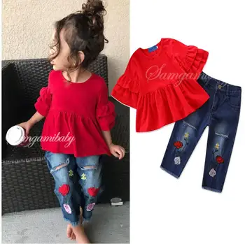 

Kids suit children set Red T-shirt + pants denim baby clothing girls suit 1-5T sylvia 570944403364