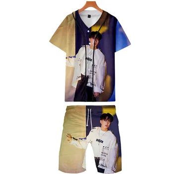 

2019 New Cool Korean accessories 3D-Stray Kids Yellow Wood two piece set Baseball Tee and shorts Fashion Summer Men's Sets Cool