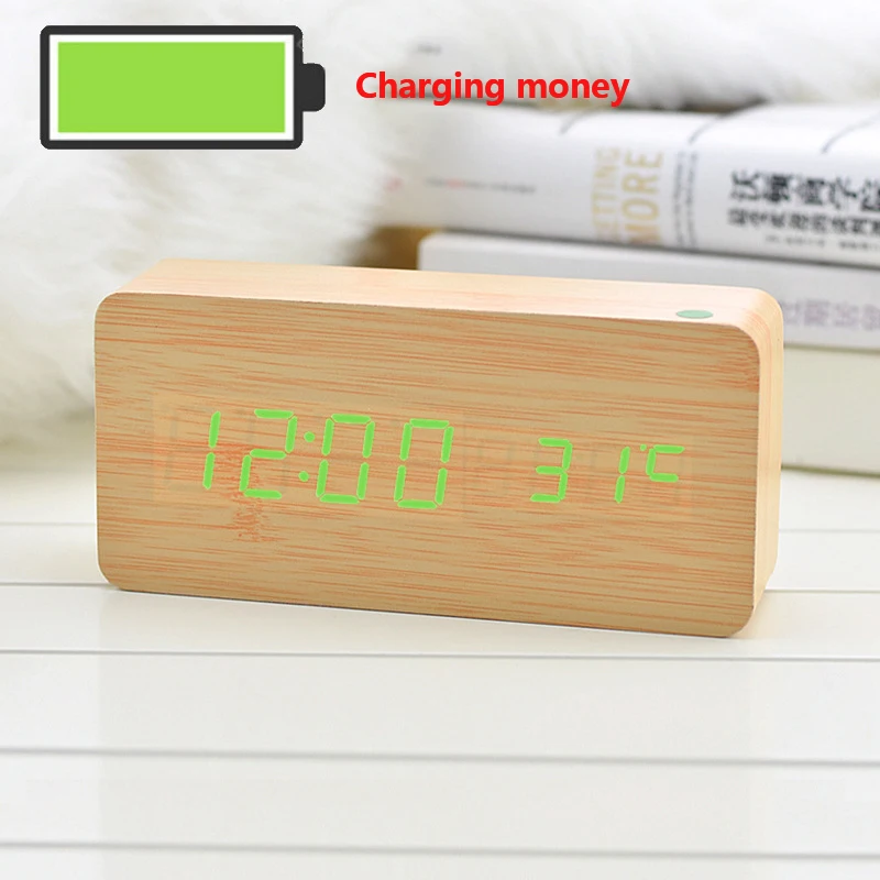 

Alarm clock creative LED voice control environmental charging wood clock electronic alarm clock