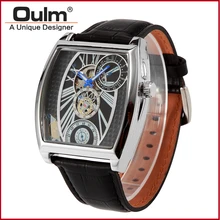 2016 Fashion Mens Brand Oulm 3402 Mechanical Skeleton Watches Men Business Wristwatches Strap Leather Gold Silver